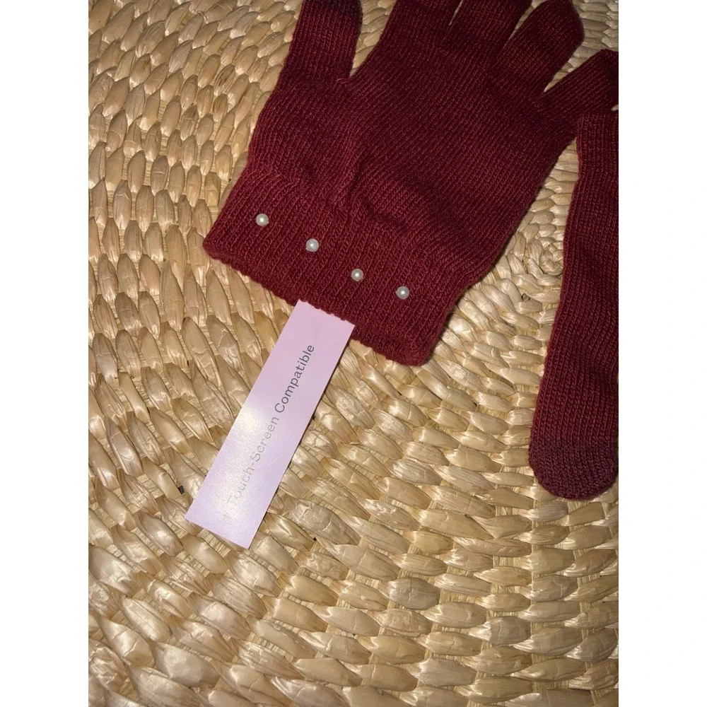 Burgundy Pearl Embellished  Gloves Knit Winter one‎ size